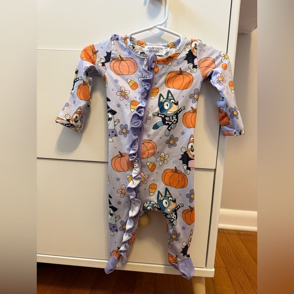 Rylee Faith Designs Bluey Halloween footed zippy